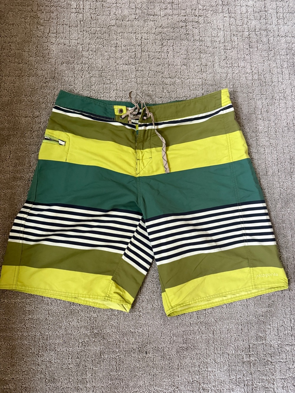 Patagonia Men’s Green and Yellow Striped Board Shorts